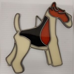 Elegant Terrier Stained Glass Art in Cream, Black, and Orange